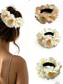 4pcs Sweet Sakura Flower Print Bohemian Polyester Hair Scrunchies, Soft Fabric Hair Elastics, Spring & Summer Hair Ties For Daily & Party - Multicolor - View 7