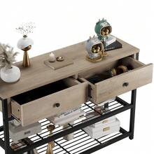 Mesa consola estrecha de 2 cajones con estantes abiertos de 2 niveles, estructura de metal – Aparador buffet para la entrada, comedor, pasillo, sala de estar o vestíbulo – Mueble de almacenamiento que ahorra espacio - Marrón - Ver 6