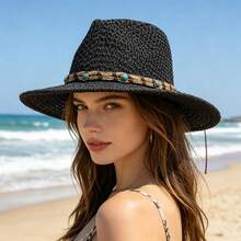 Women Straw Cowgirl Hat Decorative Bead Rope Western Hat Outdoor Beach Hat Holiday Summer Sun Cap - Black - View 2