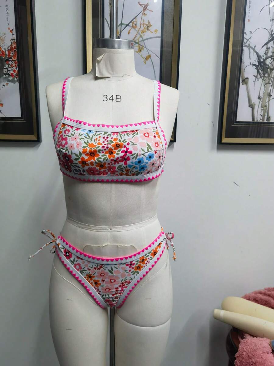 Bộ bikini hai mảnh in hoa dành cho nữ, thời trang mùa hè. - Đỏ - Xem 1
