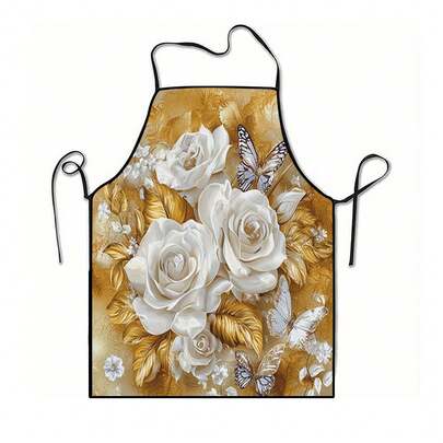 1pc Gold Floral & White Butterfly Pattern Apron - Suitable For Kitchen, Living Room, Dining Room, Hotel, Outdoor BBQ, Made Of 100% Polyester, Machine Washable & Hand Washable