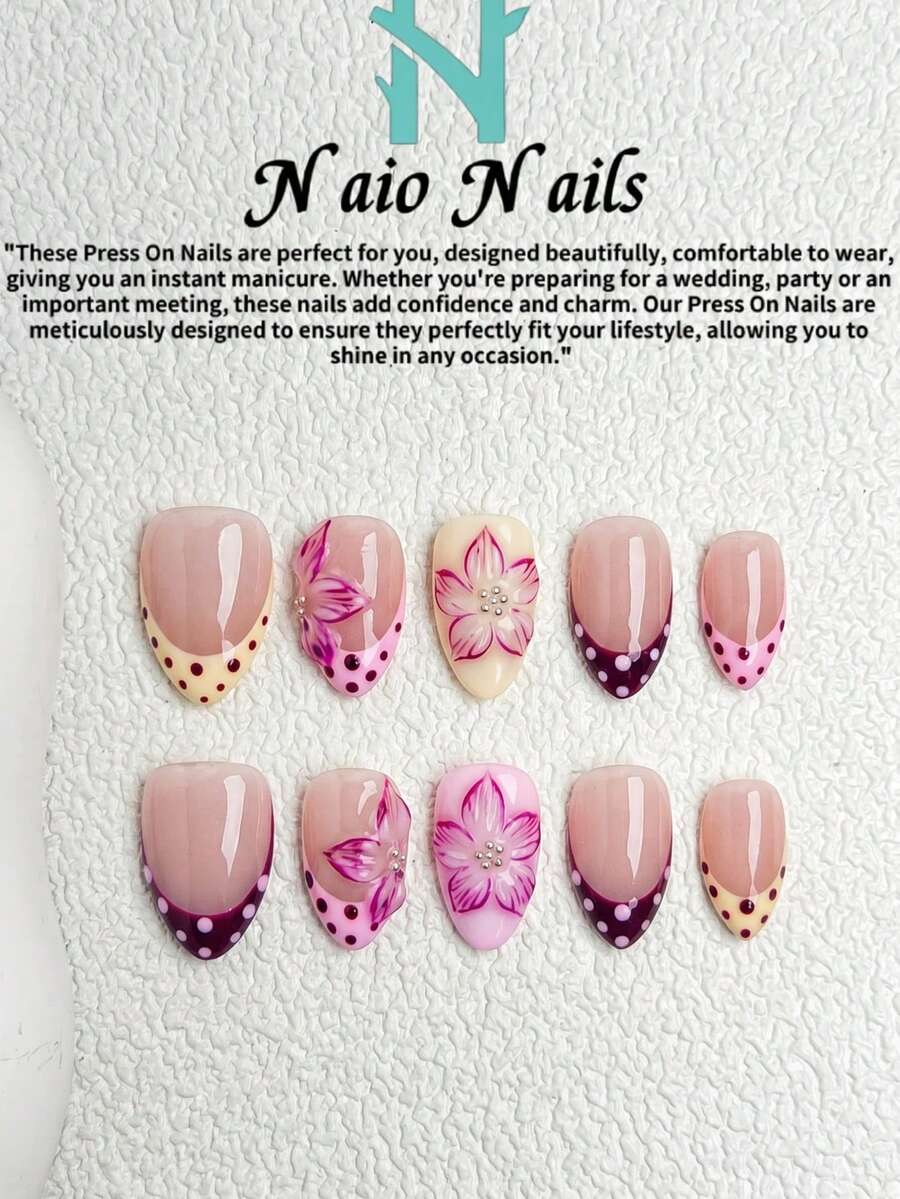 NAIO Bộ 10 móng giả thủ công hình hạnh nhân ngắn, phong cách Y2K cá tính, có các màu hồng, vàng và đỏ tía, cũng như móng giả kiểu Pháp đầu nhọn, móng gel và các họa tiết hoa và chấm bi 3D nổi. Thích hợp cho phụ nữ và bé gái, dự tiệc, sử dụng hàng ngày, kèm bộ dụng cụ, món quà tuyệt vời cho phụ kiện làm móng của phái nữ. - Nhiều màu - Xem 1