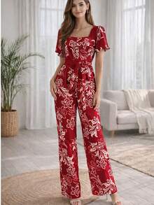 Long Jumpsuit, Thermal Print, All-Over Print, Polyester, Embroidered, With Belt, Buttons, Front Zipper, Birthday Party, Dating, Spring/Summer. - 紅色 - 查看 1