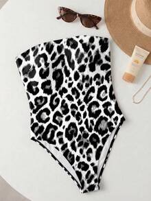 Women's Fashionable Bandeau Leopard Print One-Piece Swimsuit, Suitable For Beach & Summer Vacation - Multicolor - View 3