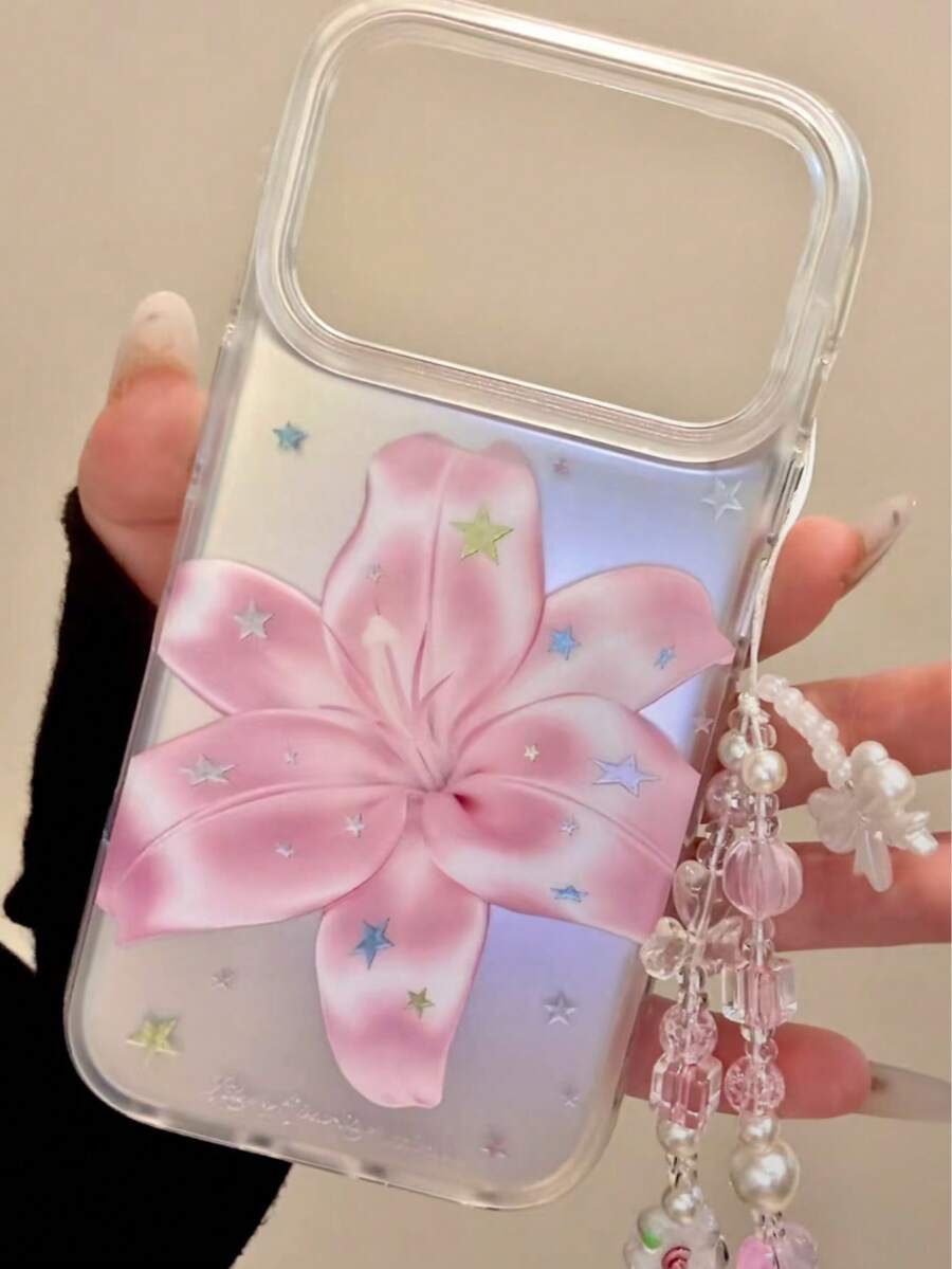 Étui de téléphone bracelet style coréen Ins avec étoiles roses et fleurs de lys, compatible avec iPhone 17, 16, 17 Pro Max, 16 Pro Max, 15, 14 Pro, 13, protection anti-chute intégrale pour femmes - Rose bonbon - Voir 1