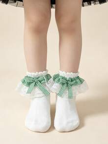 1 Pasang Kaos Kaki Anak-anak Katun Motif Renda Kotak-kotak Pita Ruffle untuk Pesta Dansa Putri Modis Serbaguna - Hijau - View 9