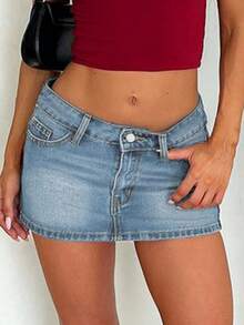 Sexy Minimalist Everyday Women Pocket Denim Mini Skirt, Suitable For Party, Boho Style, And Dates - Light Wash - View 3