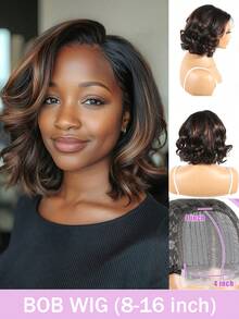 150% Density Brazilian Virgin Hair Ombre Wavy Bob Wig, Lace Front Wig, T4x4 Lace, Natural Mixed Reddish Brown Gradient Color - S1/30 - View 2