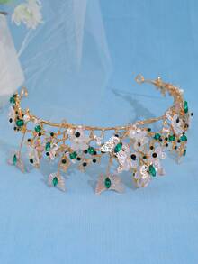 1pc Elegant Women's Colorful Crystal Crown Hair Accessory, Butterfly & Floral Decor, Luxurious Zinc Alloy Bridal Tiara,Travel,Birthday, Coronas, Headpiece - Green - View 3