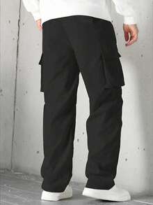 Men's Letter Patch Multi-Pocket Drawstring Waist Loose Fit Cargo Pants, Black, Street Fashion - Black - View 3