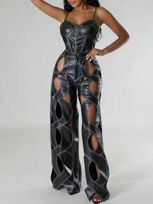 GLOURI  Women's Sexy Vegan Leather Hollow Wide Leg Pants - Hollow Out Cutout Design With High Waist | Edgy Statement Trousers For Clubwear, Night Out & Festival Events - màu đen - Xem 2