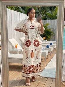 Lady Vestido holgado con estampado floral, cuello con muesca, para vacaciones de verano, talla grande - Multicolor 2 - Ver 3