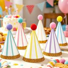 Sombreros de papel en forma de cono con rayas de 6 colores tipo macarrón y decoración aleatoria de pompones, sombreros de fiesta adecuados para fiestas de té en el jardín, revelación de género, bodas y otras fiestas con accesorios para fotos, también se pueden usar como decoración para carnavales, fiestas en la piscina, picnics y otras celebraciones - Sombrero de rayas con motas doradas - Ver 7