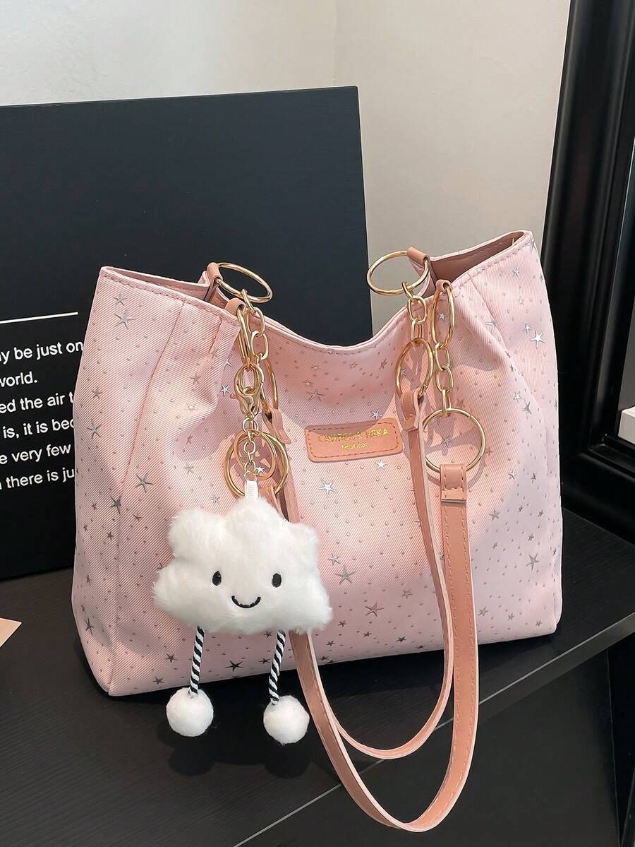 1pc Cloud Decor Star Pattern Polyester Large Capacity Zipper Shoulder Bag, Fashionable Daily Use For Women ,Pink Bag - Pink - View 1