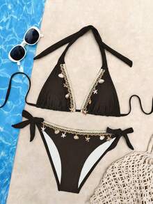 2pcs Women's Ocean Theme Decorative Sexy Casual Bikini Set, Spaghetti Strap Solid Color Swimsuit Suitable For Beach, Swimming, Spring/Summer Vacation, Removable Swimsuit Pads - Multicolor - View 3