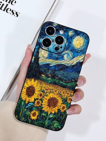 1 pieza Funda protectora de teléfono de TPU con textura mate negra con patrón de pintura de girasol y cielo nocturno, compatible con iPhone 15/15 Pro/15 Plus/15 Pro Max, 16/16 Pro/16 Plus/16 Pro Max, Galaxy S23 Ultra/A14/A24, teléfonos Android como Note 12 Pro