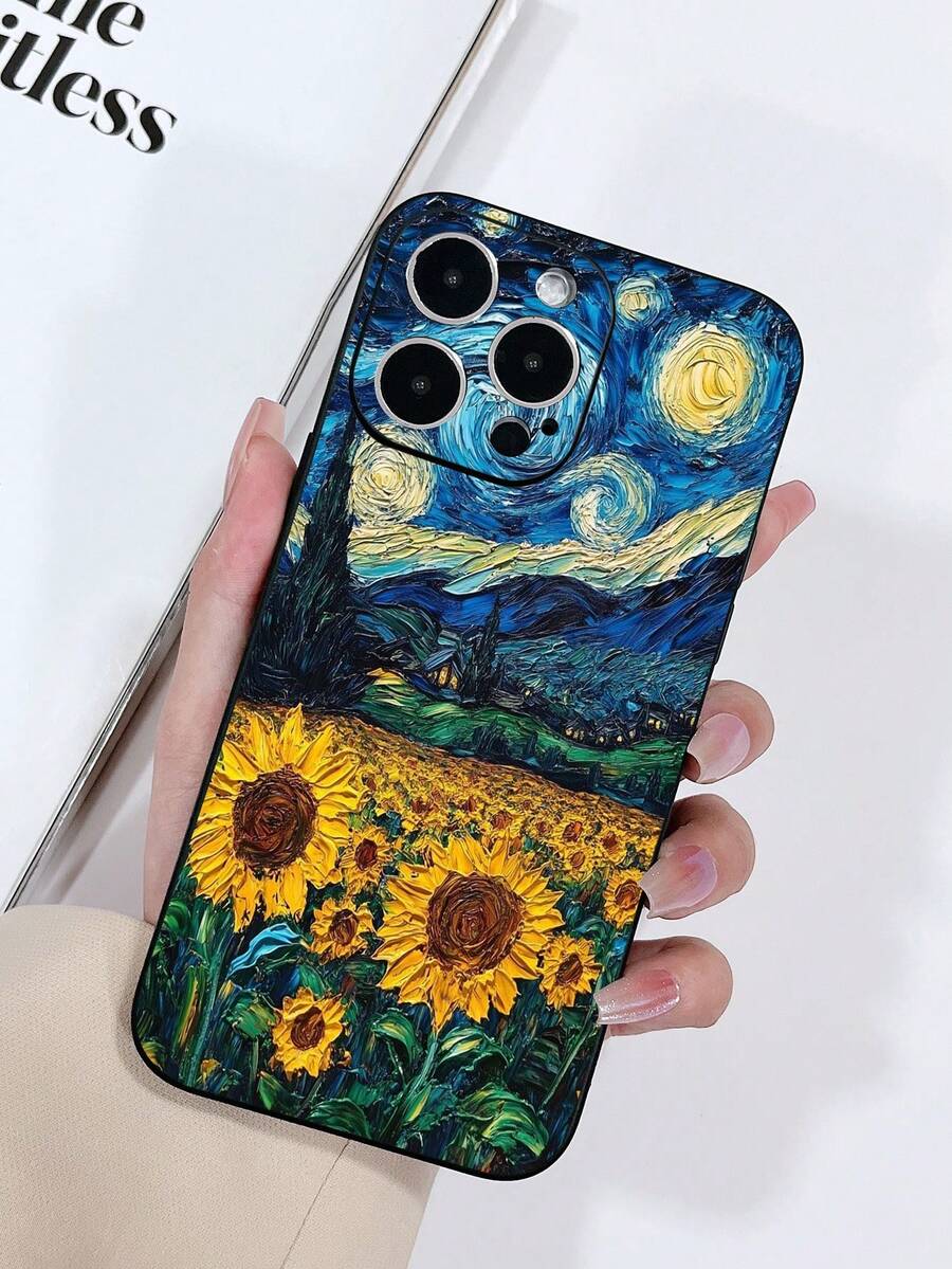 1 pieza Funda protectora de teléfono de TPU con textura mate negra con patrón de pintura de girasol y cielo nocturno, compatible con iPhone 15/15 Pro/15 Plus/15 Pro Max, 16/16 Pro/16 Plus/16 Pro Max, Galaxy S23 Ultra/A14/A24, teléfonos Android como Note 12 Pro - Multicolor - Ver 1
