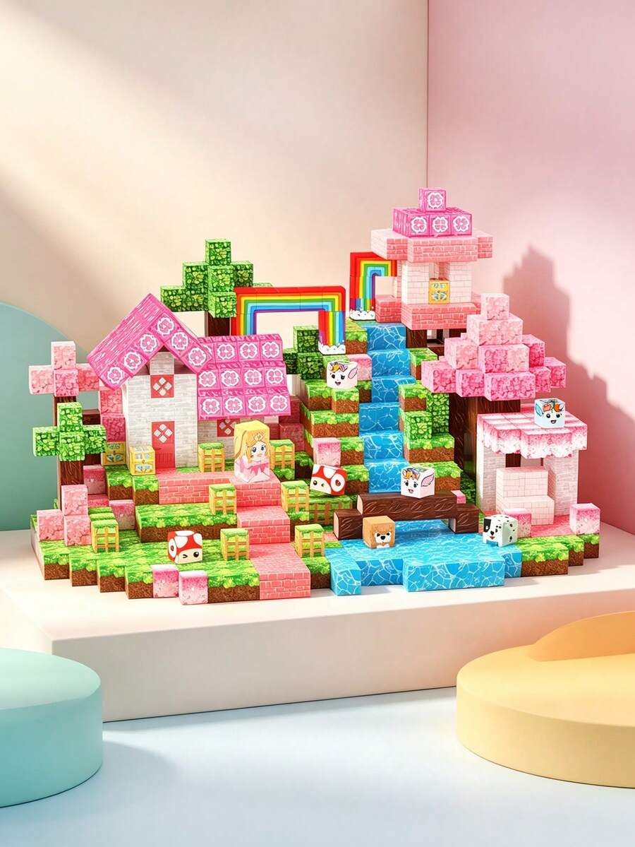 98/198/298pcs Magnetic Building Blocks, Magnetic Construction Toys To Build Beautiful Cherry Blossom World, STEM Magnetic Tiles, Suitable For 3-10 Years Old Boys And Girls, Sensory Stacking Toys, Christmas & Birthday Gift - Multicolor - View 1