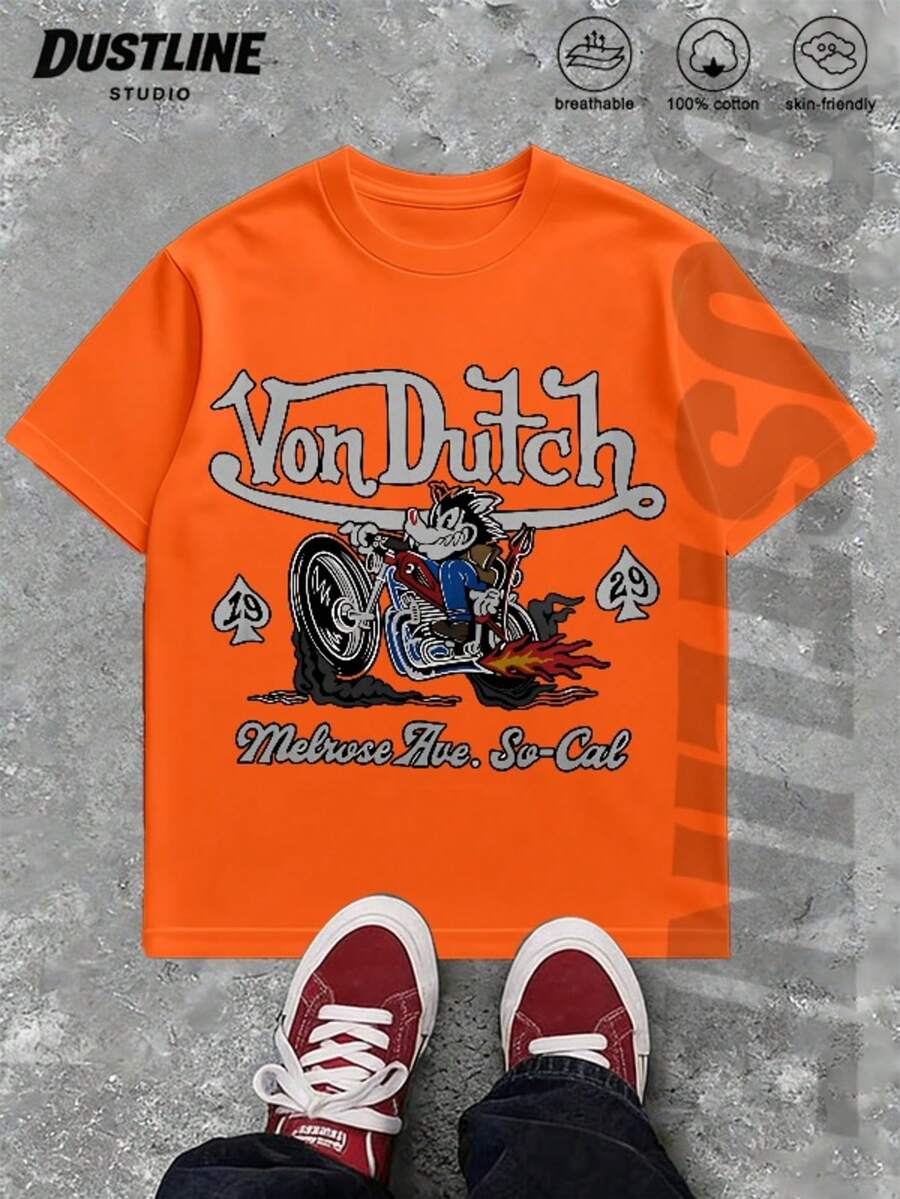 Mens Creative T Shirt American Vintage Full Print Street Wear Essential T Shirt Set Men Graphic T Shirt And Shorts Set Vons Dutchs Logo And Text Print Breathable Cotton Casual Outfit For Daily Wear And Leisure Activities - 橘色 - 查看 1
