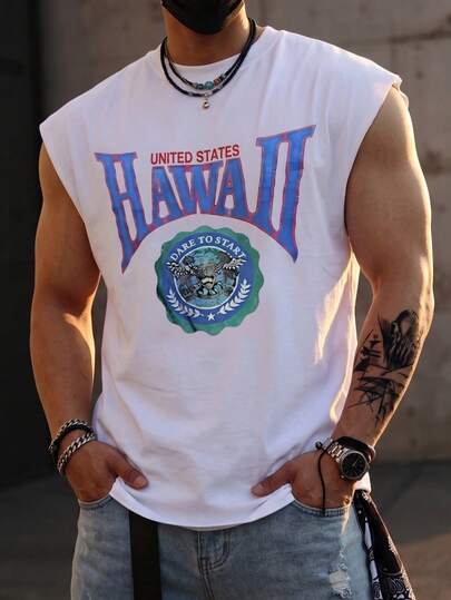  Fractyr 男士前后印花“夏威夷”美国复古图案无袖背心，柔软触感复古宽松肌肉T恤，90年代沙滩街头休闲夏季背心