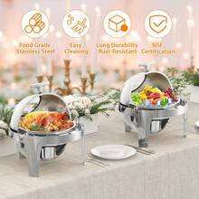 Juego de buffet de bandeja redonda de acero inoxidable superior con tapa enrollable y ventana de vidrio – Calentador de alimentos de tamaño completo de 6.3 QT para catering, fiestas, banquetes, servidor de buffet portátil, color plateado. - color original del acero inoxidable - Ver 4