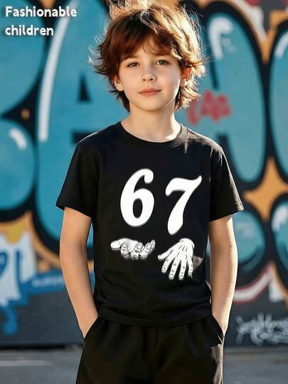 Tween Boys' New Street Fashion Sports Number 67 Digital Print Short Sleeve T-Shirt, Suitable For Casual Street Wear