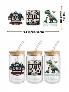 4 件装趣味老爸生活 UV DTF 贴膜（9.4x4.3 英寸），“穷光蛋老爸恐龙”、“一起过的第一个父亲节”、“女儿爸爸烧烤贴纸（适用于 16 盎司 Libbey 玻璃杯）”。 - DAD 02 - 查看 6