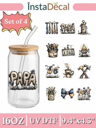4pcs Vintage Papa Pops UV DTF Wrap (9.4x4.3in), Rustic Tools Golf Beer BBQ Grill Decals, Shabby Chic Papa Floral Balloon Letter Sticker For 16oz Glass Mugs