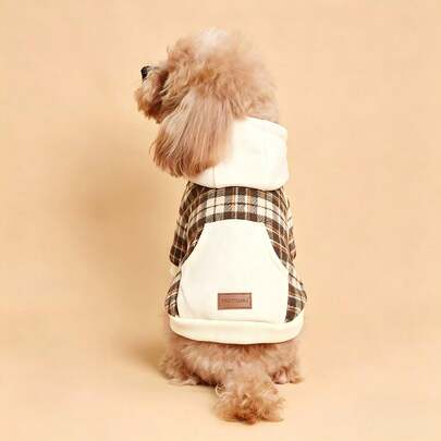 宠物狗连帽衫一件装，撞色格子设计，适合小型/中型犬猫，秋冬季宠物服装