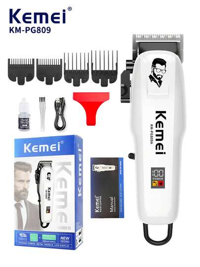 Kemei Máy cắt tóc điện gia dụng KM-PG809A bền lâu, 5 tốc độ điều chỉnh, màn hình thông minh, sạc nhanh USB, máy tỉa tóc và râu, động cơ tốc độ cao, lưỡi dao R-Type thân thiện với da, 1 chiếc
