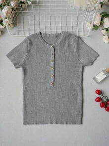 French Elegant Metal Half-Button V-Neck Short Sleeve Knit Top, Spring/Summer Design Sense Slim Fit Chic Versatile Tee For Women - Grey - View 8
