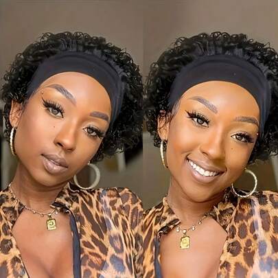 Short Culy Headband Wig Human Hair For Women Pixie Cut Headband Wig For 150% Density Pixie Cut Curly Wig For Women Natural Black 6 Inch