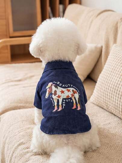LUCKIE PAL Áo cho chó kiểu Mỹ in hình ngôi sao và ngựa, chất liệu giả denim, phù hợp cho chó Chihuahua và các giống chó nhỏ, thiết kế độc đáo, thích hợp mặc trong nhà và ngoài trời.