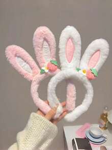1/2 pièces Bandeau mignon à oreilles de lapin en peluche, bandeau de lavage du visage décoré de fraises, accessoire de cheveux polyvalent pour les adolescents - Multicolore - Voir 9