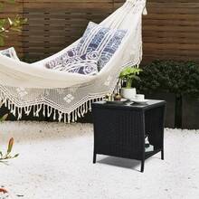 Small Garden Table, Rattan Patio Table With Glass Top & Shelf Under, Weatherproof For Indoor Outdoor, 46x46x50cm Brown - Black - View 6