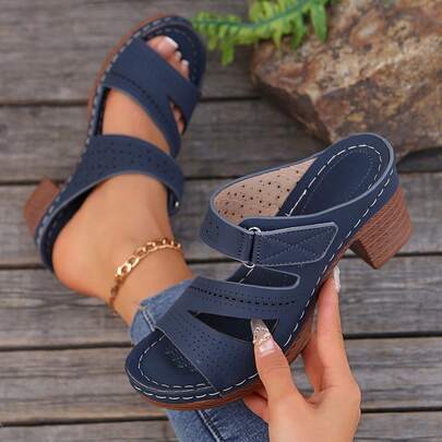 Women's High Heel Sandals, Solid Color, Waterproof Platform, Hollow Out, Chunky Heel, Comfortable, Slip-On, Casual, Commuting, Summer Beach Slippers