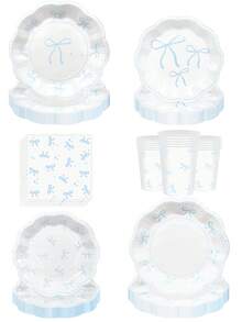 10pcs/20pcs/70pcs/120pcs Light Blue & White Bow Theme Birthday Party Decorations Paper Plates Paper Napkins Paper Cups Tableware Set, Bow Theme Supplies For Bachelor/Bachelorette Wedding Bridal Shower Decor, Suitable For Men And Women - Blue and White - View 1