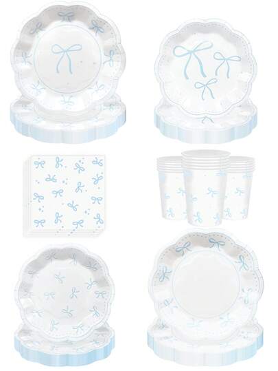 10pcs/20pcs/70pcs/120pcs Light Blue & White Bow Theme Birthday Party Decorations Paper Plates Paper Napkins Paper Cups Tableware Set, Bow Theme Supplies For Bachelor/Bachelorette Wedding Bridal Shower Decor, Suitable For Men And Women