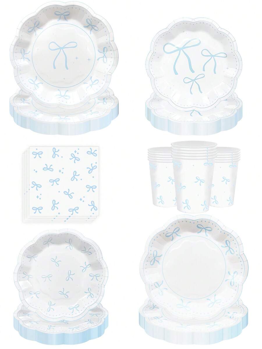 10pcs/20pcs/70pcs/120pcs Light Blue & White Bow Theme Birthday Party Decorations Paper Plates Paper Napkins Paper Cups Tableware Set, Bow Theme Supplies For Bachelor/Bachelorette Wedding Bridal Shower Decor, Suitable For Men And Women - Blue and White - View 1