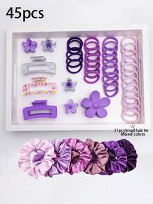 45pcs/Set Minimalist Colorful Bow Hair Clips, Cute Princess Hair Accessories, Elastic Non-Damaging Hair Ties, Hair Bands, Bangs Clips, Versatile Daily Use Hair Decorations For Girls - Multicolor - View 4