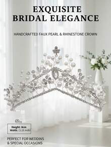 1PC Handmade Royal Style Cluster Faux Pearl Tiara, Elegant Silver Leaf & Rhinestone Wedding Crown, 3.54 Inch High Puffy Headband With Hair Combs For Brides & Prom,Handmade Floral Bridal Tiara With Faux Pearls & Rhinestones, Elegant White Flower Wedding Hair Comb, Romantic Hair Accessories For Brides And Bridesmaids,Festival,Birthday - Silver - View 9