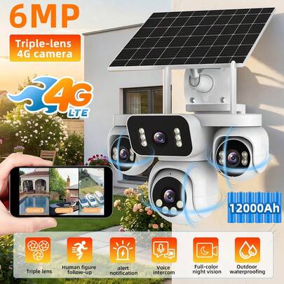 Security Camera Solar-Powered 4G Surveillance Camera With Triple Lens – 6 MP Ultra HD, Color Night Vision, PIR Person Detection, Two-Way Audio, 12000 MAh Battery, IP66 Waterproof, App Remote Access For Outdoor Monitoring
