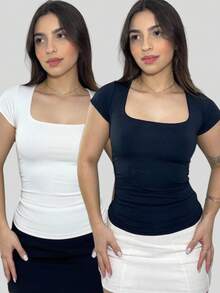 Ana Blouse, Square Neckline, Women's Fashion, Premium Spandex, Summer, Everyday, Casual, Party, , Luxury, Foreign/Blogger Style - KIT2-黑白 - 查看 1