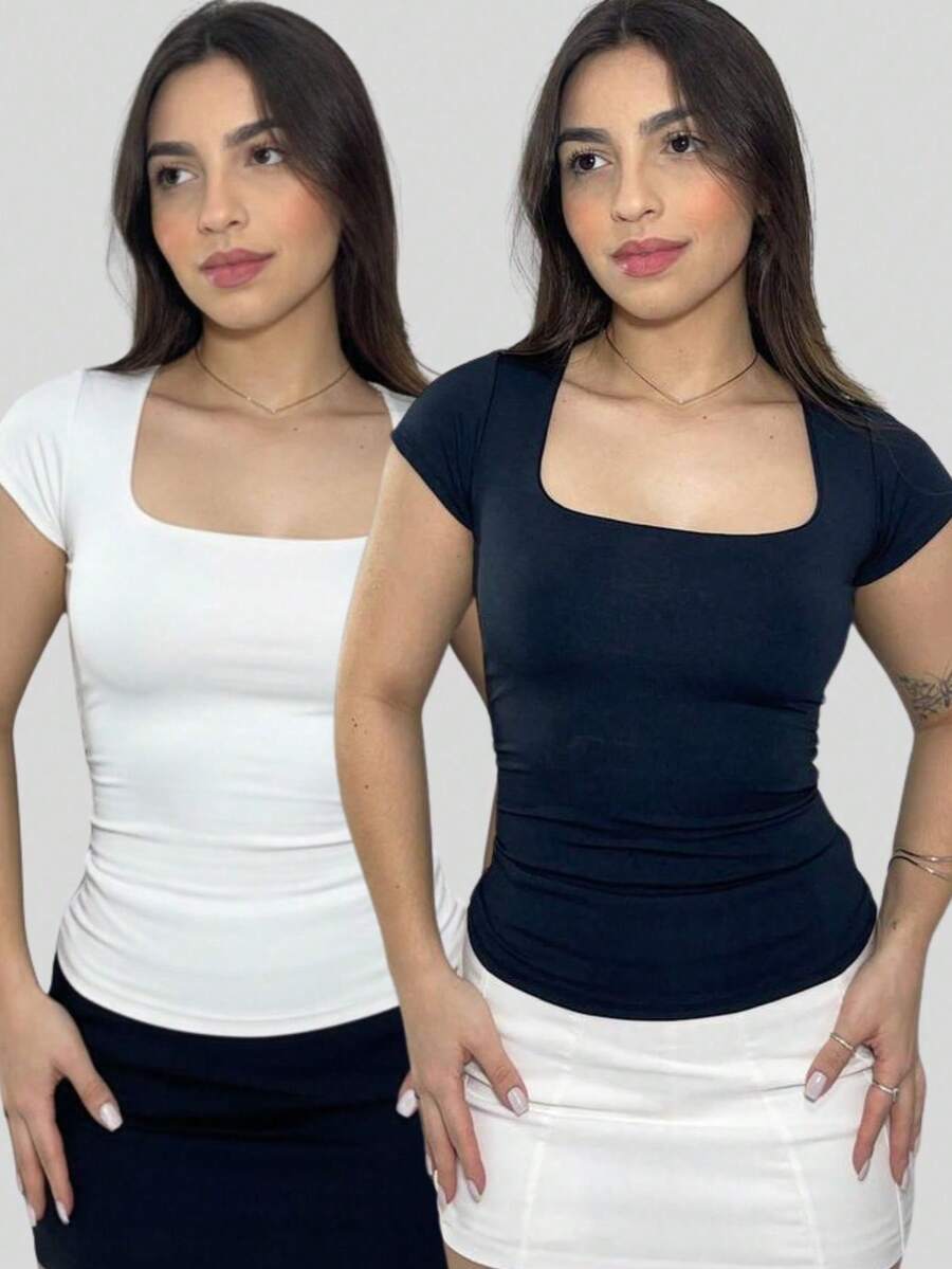 Ana Blouse, Square Neckline, Women's Fashion, Premium Spandex, Summer, Everyday, Casual, Party, , Luxury, Foreign/Blogger Style - KIT2-黑白 - 查看 1