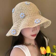 1-Piece Travel Aesthetic Movie-Style Floral Fisherman Hat, Women's Foldable Straw Hat, Suitable For Beach Vacations, Summer Hollow-Out Sun Protection Hat, Outdoor Photo Prop, Portable Sun Hat - Light Brown - View 2
