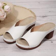 Giày sandal cao gót nữ, đế platform chống thấm nước màu trơn, gót chunky thoải mái, kiểu dáng slip-on tiện dụng, dép xỏ ngón mùa hè tối giản đi biển. - Màu be - Xem 8