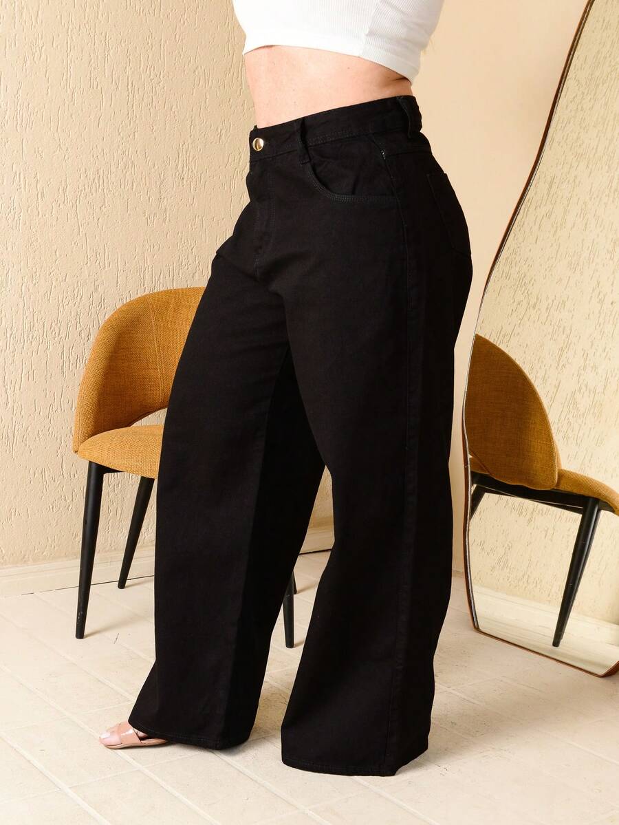 Calça Jeans Feminina Wide Leg Pantalona Boca Larga Sem Lycra Premium Boca de Sino Verão Elegante Sofisticada Tam 36 ao 54 - Preto - Visão 1