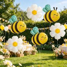 6/12pcs Bee & Daisy Aluminum Foil Balloon Set, Suitable For Birthday Party Decoration, Theme Party Arrangement, Spring Atmosphere Decor, Outdoor Photo Props - Bee Daisy - View 3