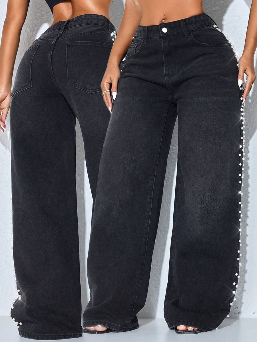 Low Waist Wide Leg Casual Blue Slant Pocket Curved Women Jeans Black Spring - Black - View 1