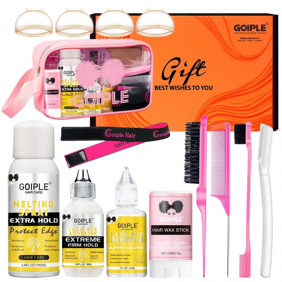 GOIPLE 14pcs Waterproof Lace Glue Kit, Extreme Firm Hold Waterproof Lace Wig Adhesive & Gentle Fast Acting Lace Wig Remover & Fast Drying No Residue Lace Melting Spray & No Flake No Greasy Hair Wax Stick & HD Invisible Wig Caps & Edge Brushes & Combs & Razor & Wig Band & Storage Bag, Portable Compact Beginner-Friendly Wig Styling Tools, For Home Salon Wig Application Travel Gifting, For Black Wig Wearers All Curly Coily Braided Hair Types,Women